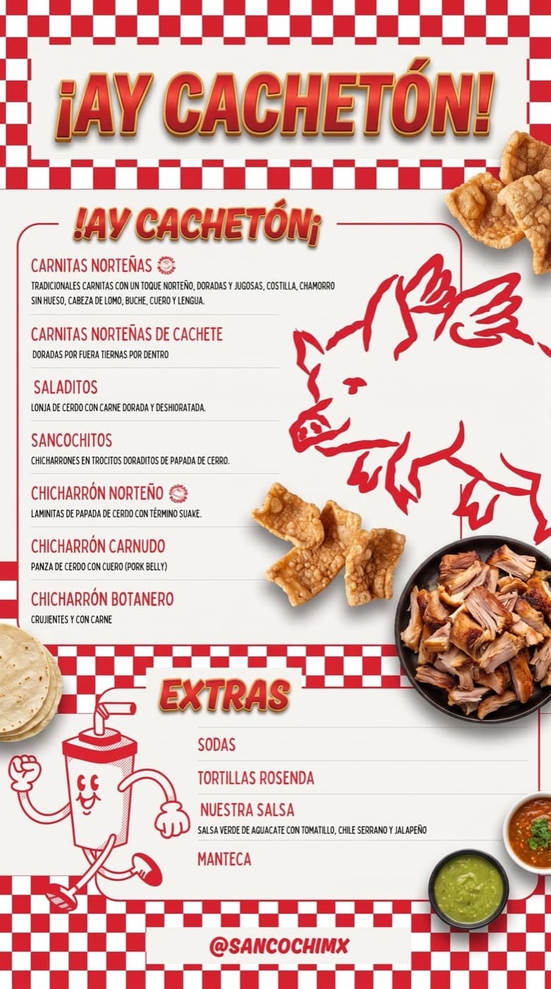 Menú digital Sancochi — carta checkerboard con chicharrones y carnitas