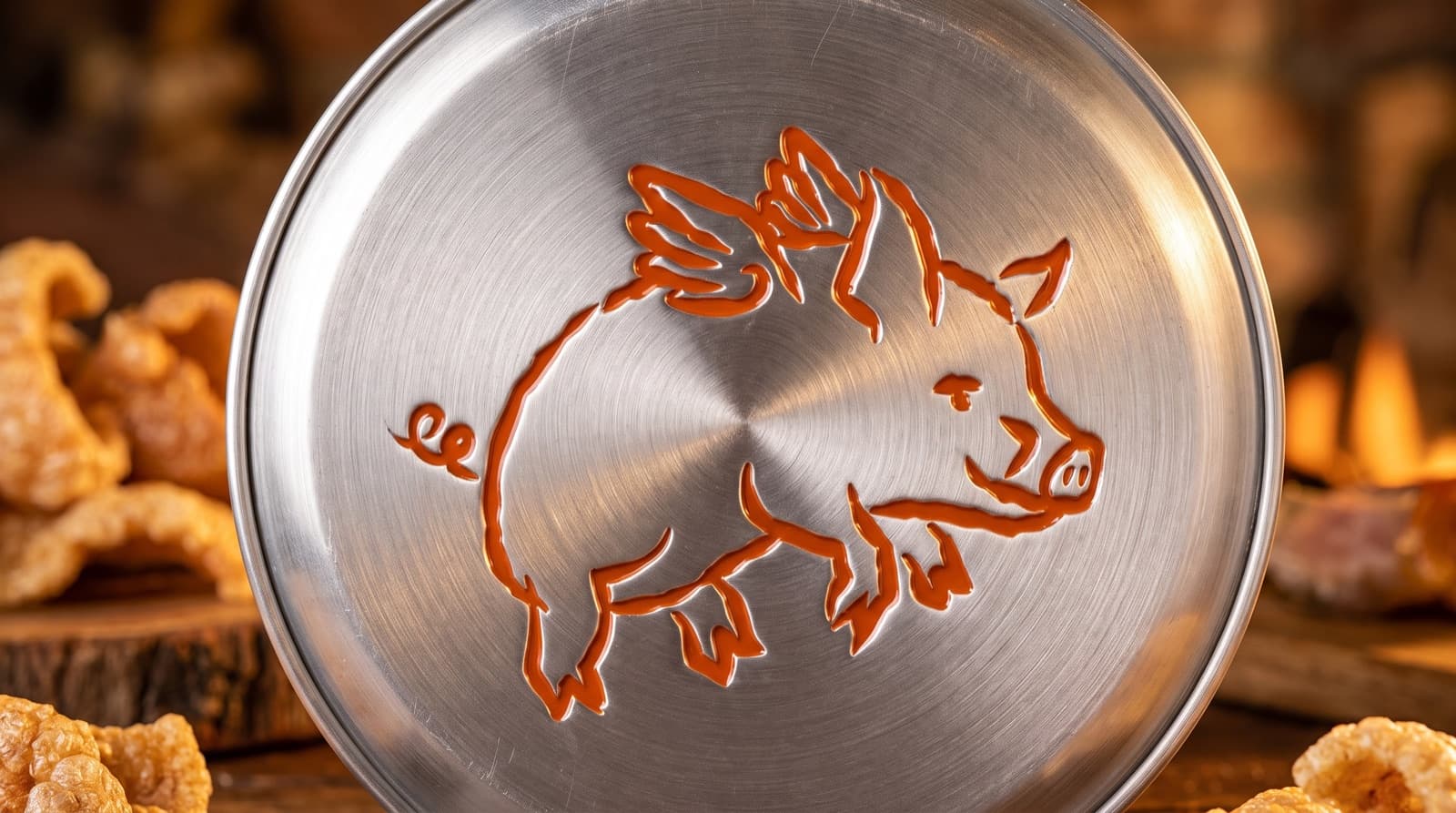 Tapa de metal con el cerdo alado de Sancochi grabado, chicharrón recién hecho alrededor