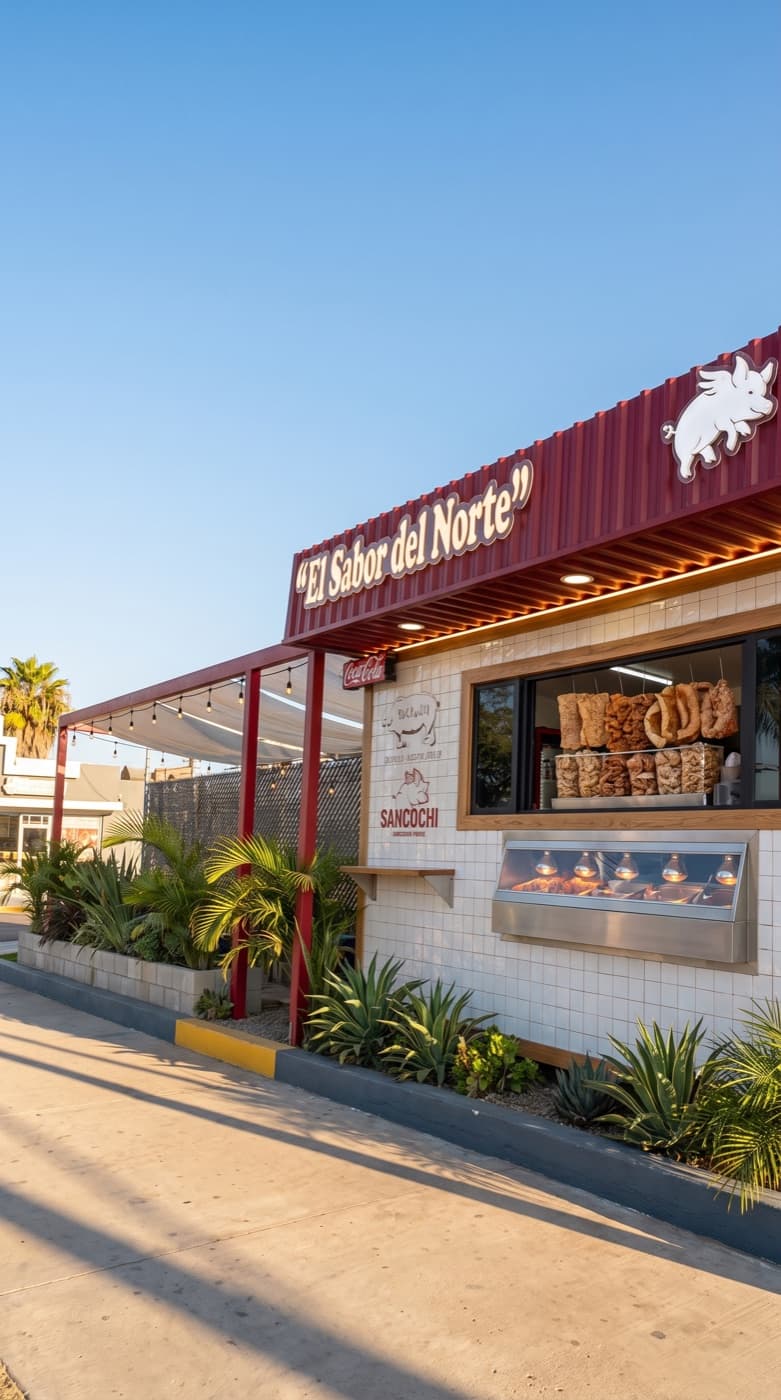 Fachada Sancochi Hipódromo — letrero "El Sabor del Norte" y logo de cerdo alado