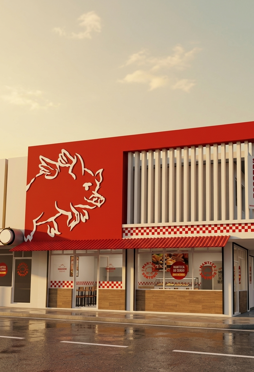 Fachada roja Sancochi con mural blanco del cerdo alado a gran escala