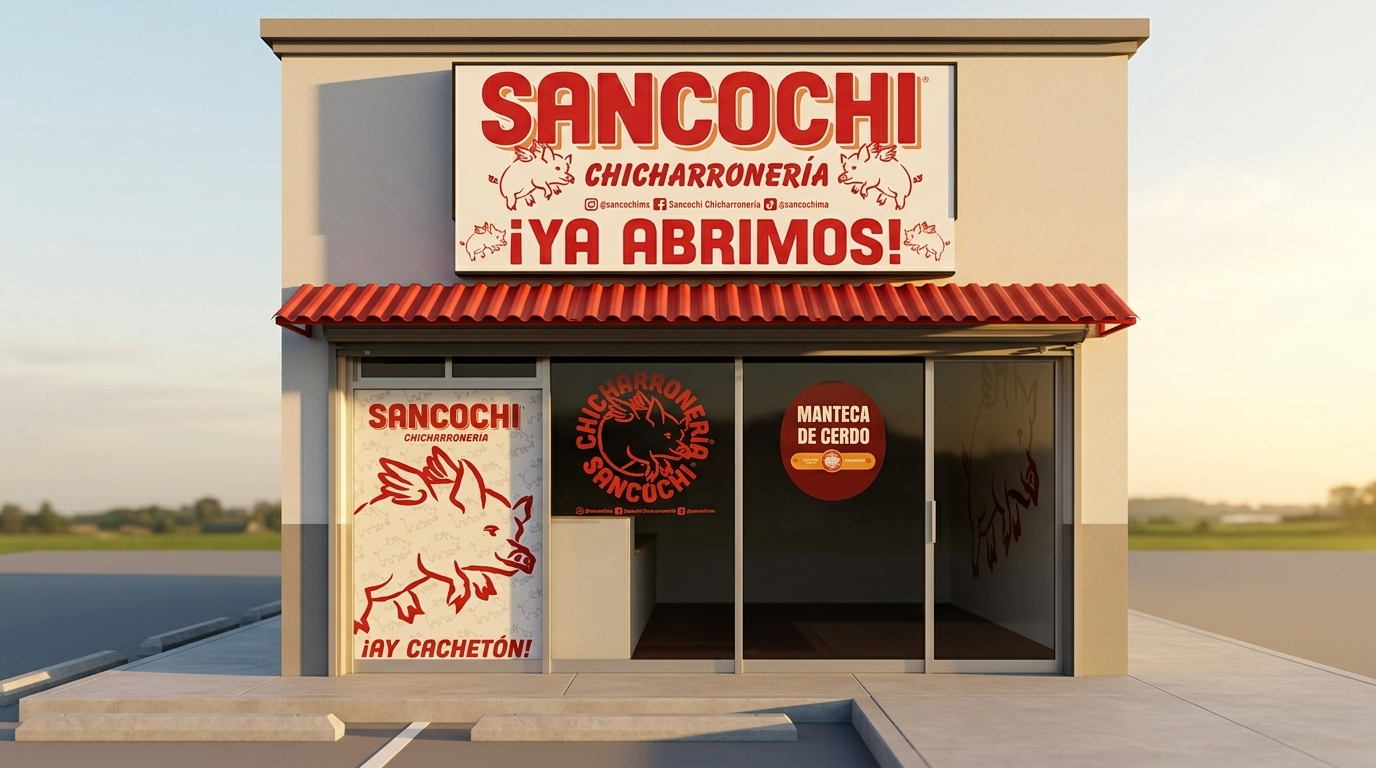 Fachada Sancochi con letrero ¡Ya Abrimos! y toldo corrugado rojo